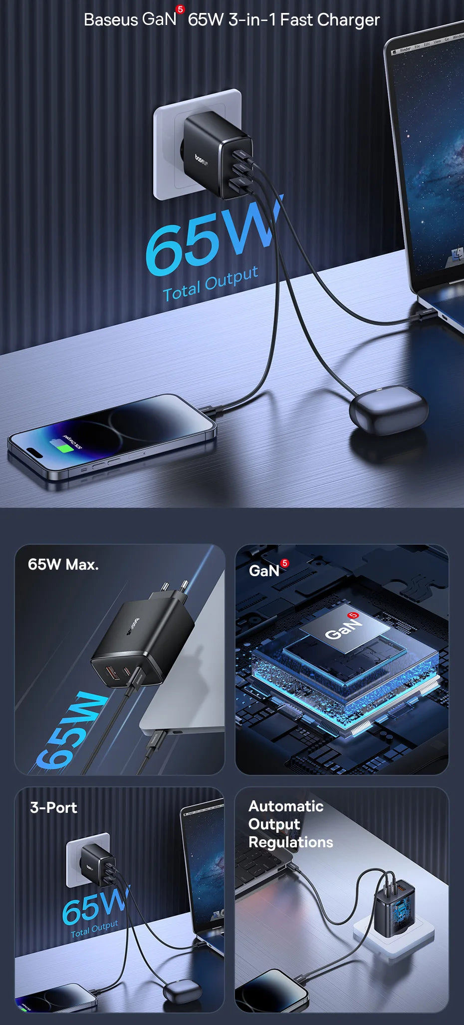 Baseus 65W GaN Charger: The Fast and Versatile Charger for iPhone and Laptops